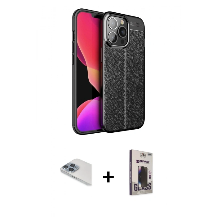 MARSİLYAN™- iPhone 13 Pro Max Kılıf Doruk Klasik Özel Seri - Siyah Bilvis Hayalet Cam Ekran Koruyucu + Pers Alüminyum Kamera Lens - SABE