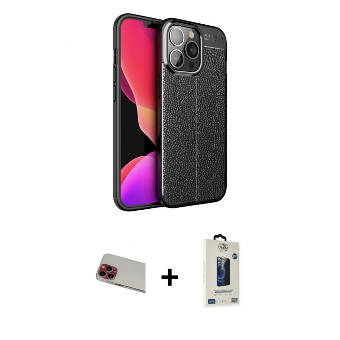 MARSİLYAN™- iPhone 13 Pro Max Kılıf Doruk Klasik Özel Seri - Siyah Bilvis Hayalet Cam Ekran Koruyucu + Rainbow Kamera Lens Koruma Cam - KI