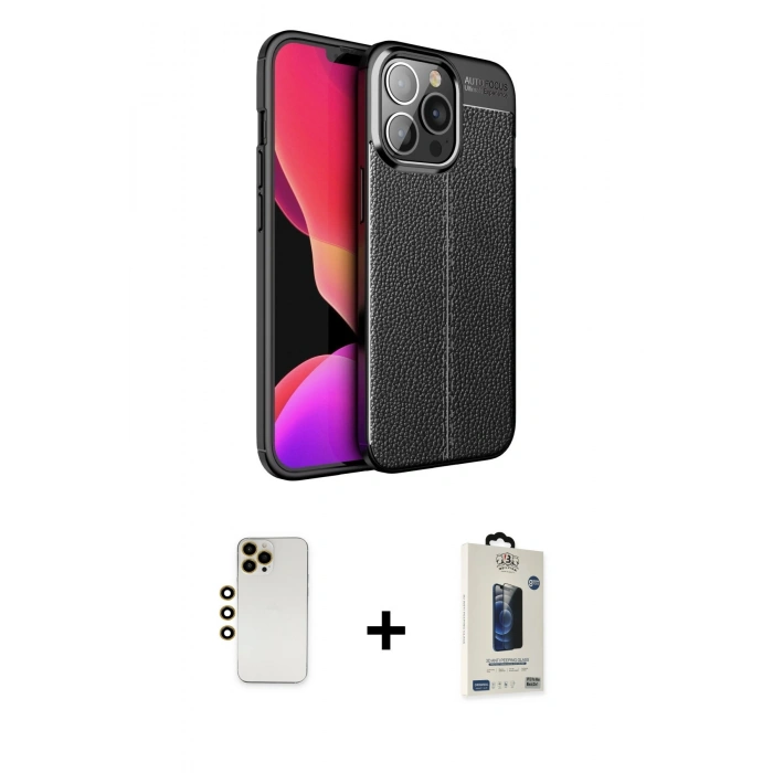 MARSİLYAN™- iPhone 13 Pro Max Kılıf Doruk Klasik Özel Seri - Siyah Bilvis Hayalet Cam Ekran Koruyucu + Shine Kamera Lens - GD