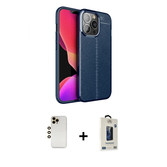 MARSİLYAN™- iPhone 13 Pro Max Kılıf Doruk Klasik Özel Seri - Siyah Bilvis Hayalet Cam Ekran Koruyucu + Shine Kamera Lens - GD