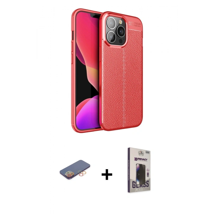 MARSİLYAN™- iPhone 13 Pro Max Kılıf Doruk Klasik Özel Seri - Siyah Bilvis Hayalet Cam Ekran Koruyucu + Renkli Kamera Lens Koruma Cam - TU