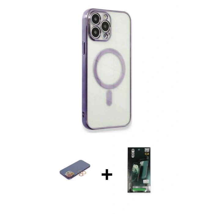 MARSİLYAN™- iPhone 13 Pro Max Kılıf Doruk Minimal - Şeffaf 360 Full Body Arka Koruyucu + Renkli Kamera Lens Koruma Cam - TU