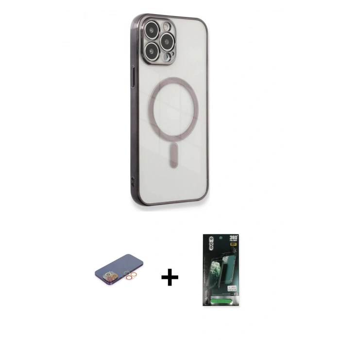 MARSİLYAN™- iPhone 13 Pro Max Kılıf Doruk Minimal - Şeffaf 360 Full Body Arka Koruyucu + Renkli Kamera Lens Koruma Cam - TU