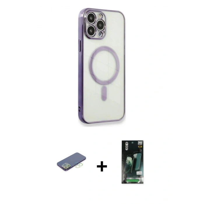 MARSİLYAN™- iPhone 13 Pro Max Kılıf Doruk Minimal - Şeffaf 360 Full Body Arka Koruyucu + Renkli Kamera Lens Koruma Cam - YL