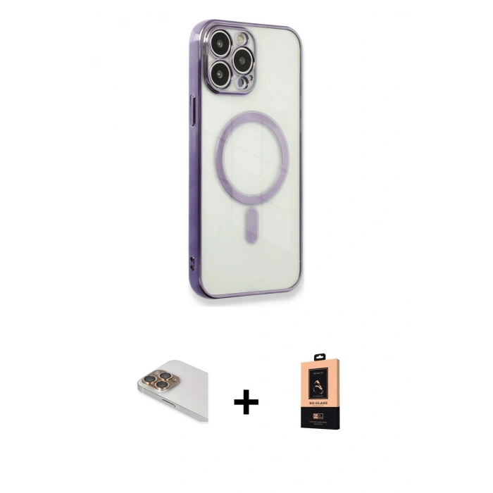 MARSİLYAN™- iPhone 13 Pro Max Kılıf Doruk Minimal - Şeffaf Maxco Cam Ekran Koruyucu + Gold Pers Alüminyum Kamera Lens