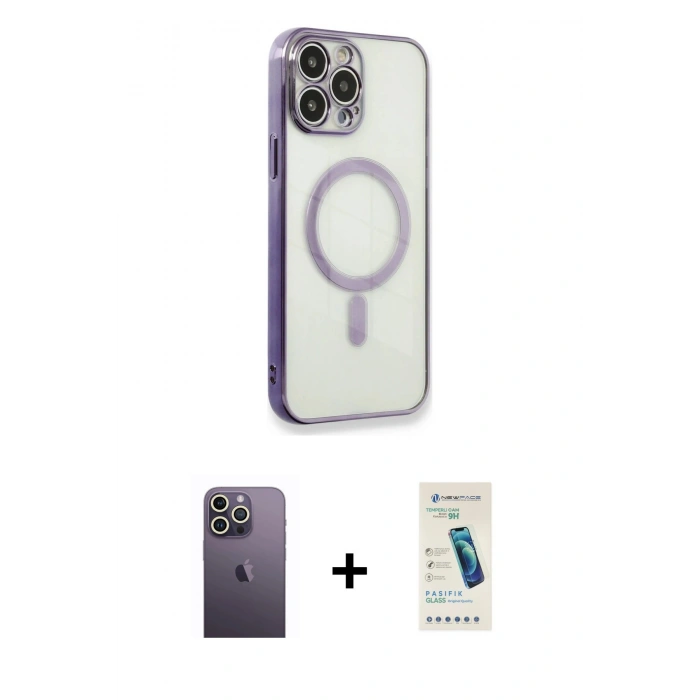 MARSİLYAN™- iPhone 13 Pro Max Kılıf Doruk Minimal - Şeffaf Pasifik Cam Ekran Koruyucu + Neon Fosforlu Kamera Lens - BZ