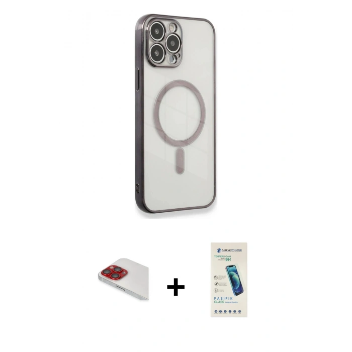 MARSİLYAN™- iPhone 13 Pro Max Kılıf Doruk Minimal - Şeffaf Pasifik Cam Ekran Koruyucu + Pers Alüminyum Kamera Lens - KI