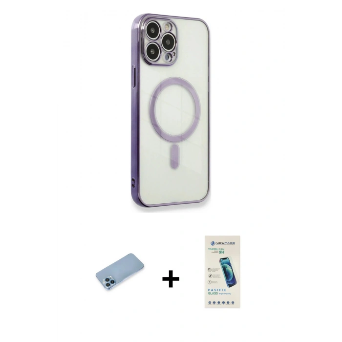 MARSİLYAN™- iPhone 13 Pro Max Kılıf Doruk Minimal - Şeffaf Pasifik Cam Ekran Koruyucu + Shine Kamera Lens Koruma Cam - MI