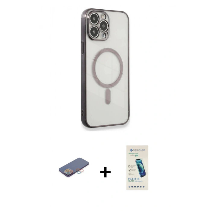MARSİLYAN™- iPhone 13 Pro Max Kılıf Doruk Minimal - Şeffaf Pasifik Cam Ekran Koruyucu + Renkli Kamera Lens Koruma Cam - PE
