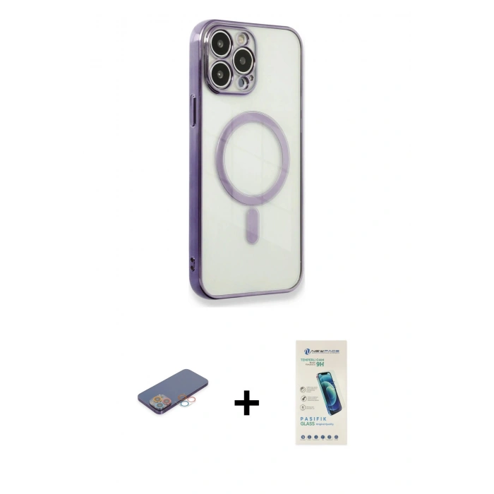 MARSİLYAN™- iPhone 13 Pro Max Kılıf Doruk Minimal - Şeffaf Pasifik Cam Ekran Koruyucu + Renkli Kamera Lens Koruma Cam - PE
