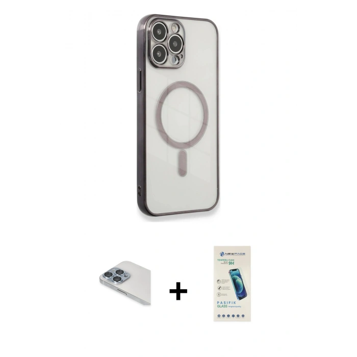 MARSİLYAN™- iPhone 13 Pro Max Kılıf Doruk Minimal - Şeffaf Pasifik Cam Ekran Koruyucu + Pers Alüminyum Kamera Lens - SABE