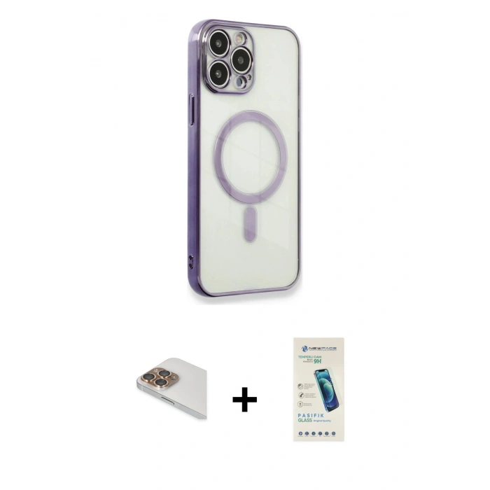 MARSİLYAN™- iPhone 13 Pro Max Kılıf Doruk Minimal - Şeffaf Pasifik Cam Ekran Koruyucu + Pers Alüminyum Kamera Lens - GD