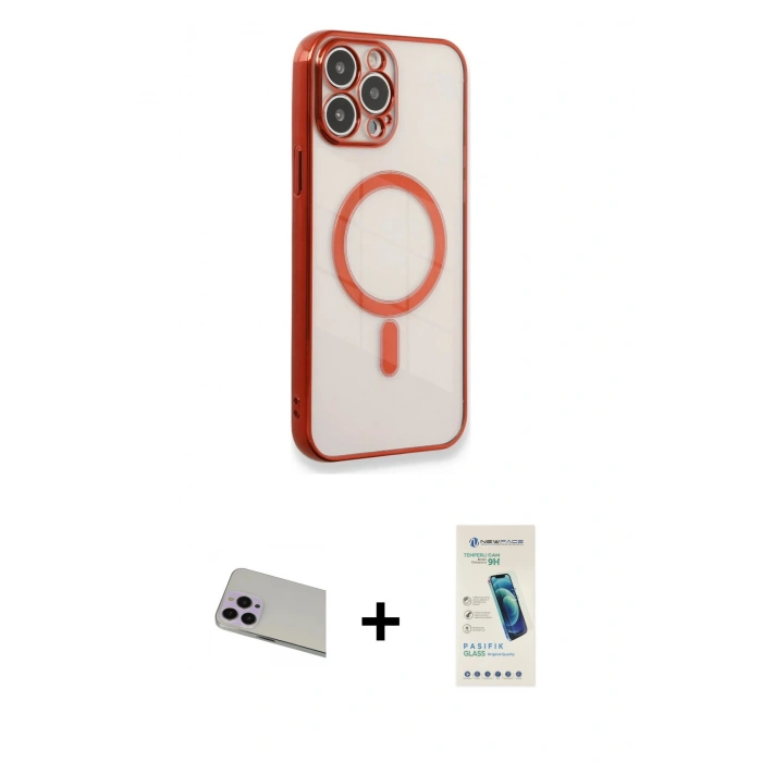 MARSİLYAN™- iPhone 13 Pro Max Kılıf Doruk Minimal - Şeffaf Pasifik Cam Ekran Koruyucu + Rainbow Kamera Lens Koruma Cam - MR