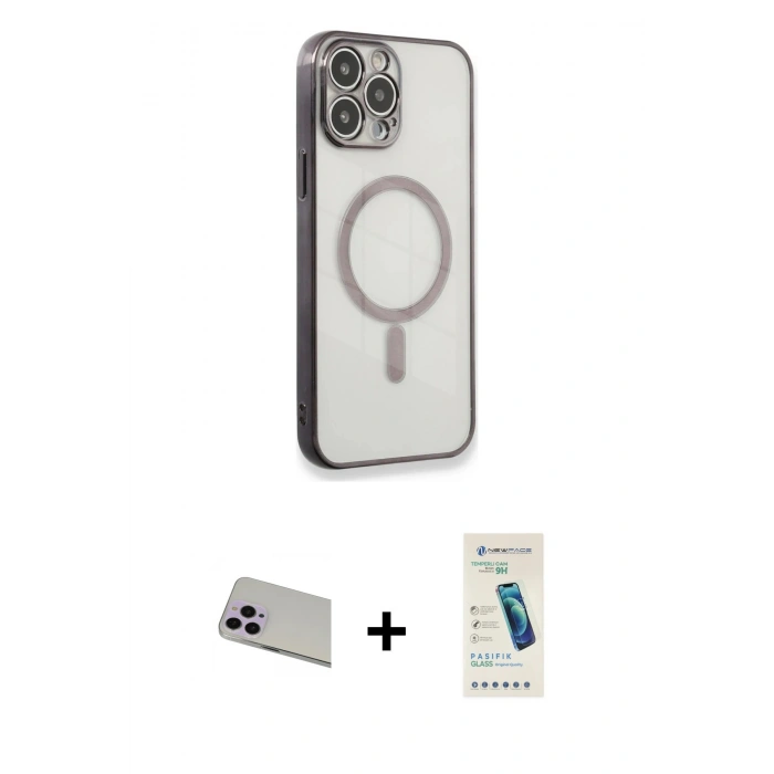 MARSİLYAN™- iPhone 13 Pro Max Kılıf Doruk Minimal - Şeffaf Pasifik Cam Ekran Koruyucu + Rainbow Kamera Lens Koruma Cam - MR