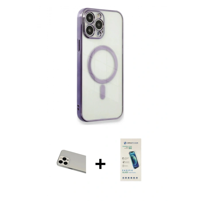 MARSİLYAN™- iPhone 13 Pro Max Kılıf Doruk Minimal - Şeffaf Pasifik Cam Ekran Koruyucu + Rainbow Kamera Lens Koruma Cam - BZ