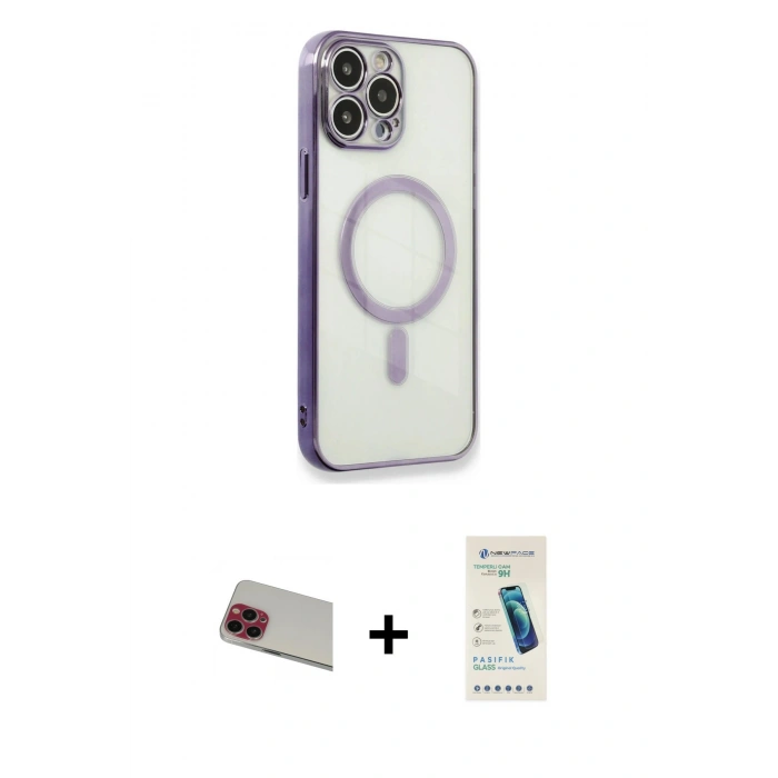 MARSİLYAN™- iPhone 13 Pro Max Kılıf Doruk Minimal - Şeffaf Pasifik Cam Ekran Koruyucu + Rainbow Kamera Lens Koruma Cam - KI