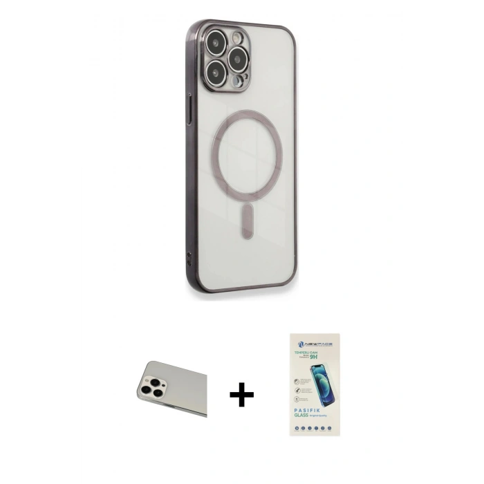 MARSİLYAN™- iPhone 13 Pro Max Kılıf Doruk Minimal - Şeffaf Pasifik Cam Ekran Koruyucu + Rainbow Kamera Lens Koruma Cam - BZ