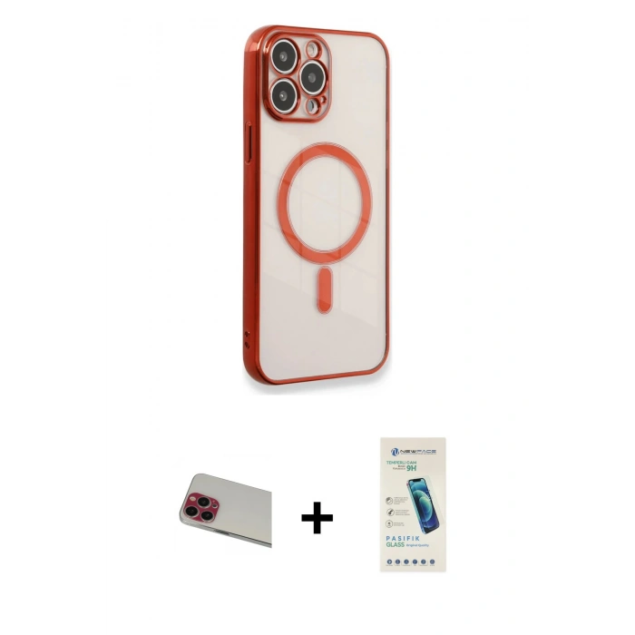 MARSİLYAN™- iPhone 13 Pro Max Kılıf Doruk Minimal - Şeffaf Pasifik Cam Ekran Koruyucu + Rainbow Kamera Lens Koruma Cam - KI