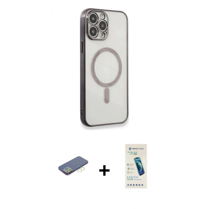 MARSİLYAN™- iPhone 13 Pro Max Kılıf Doruk Minimal - Şeffaf Pasifik Cam Ekran Koruyucu + Renkli Kamera Lens Koruma Cam - YL