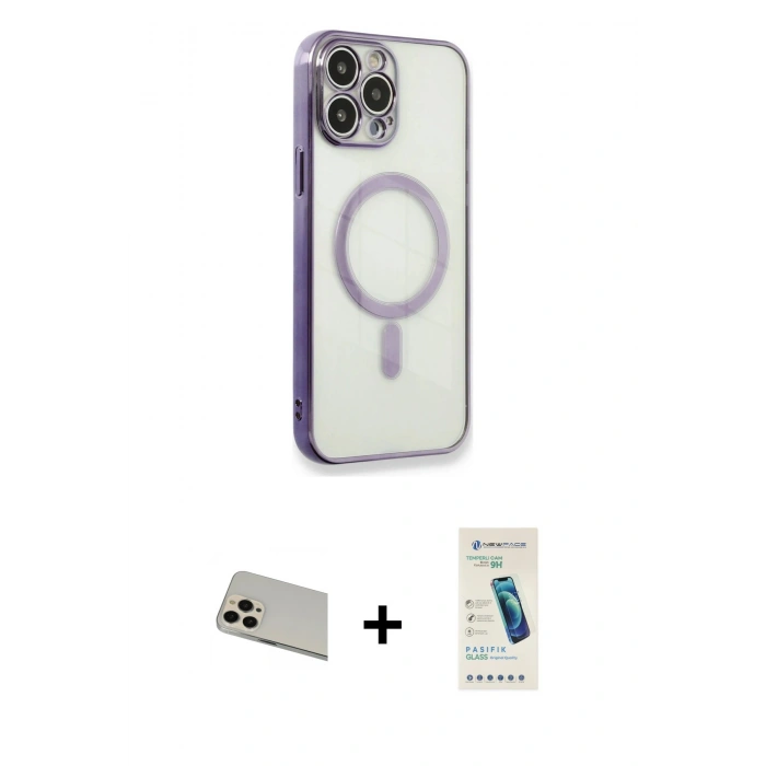 MARSİLYAN™- iPhone 13 Pro Max Kılıf Doruk Minimal - Şeffaf Pasifik Cam Ekran Koruyucu + Rainbow Kamera Lens Koruma Cam - REGD