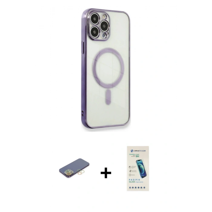 MARSİLYAN™- iPhone 13 Pro Max Kılıf Doruk Minimal - Şeffaf Pasifik Cam Ekran Koruyucu + Renkli Kamera Lens Koruma Cam - SI