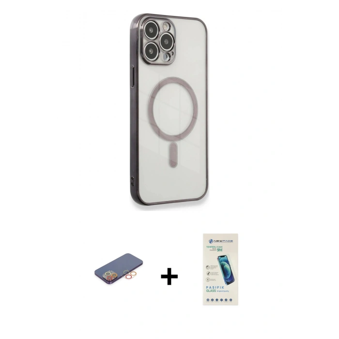 MARSİLYAN™- iPhone 13 Pro Max Kılıf Doruk Minimal - Şeffaf Pasifik Cam Ekran Koruyucu + Renkli Kamera Lens Koruma Cam - TU