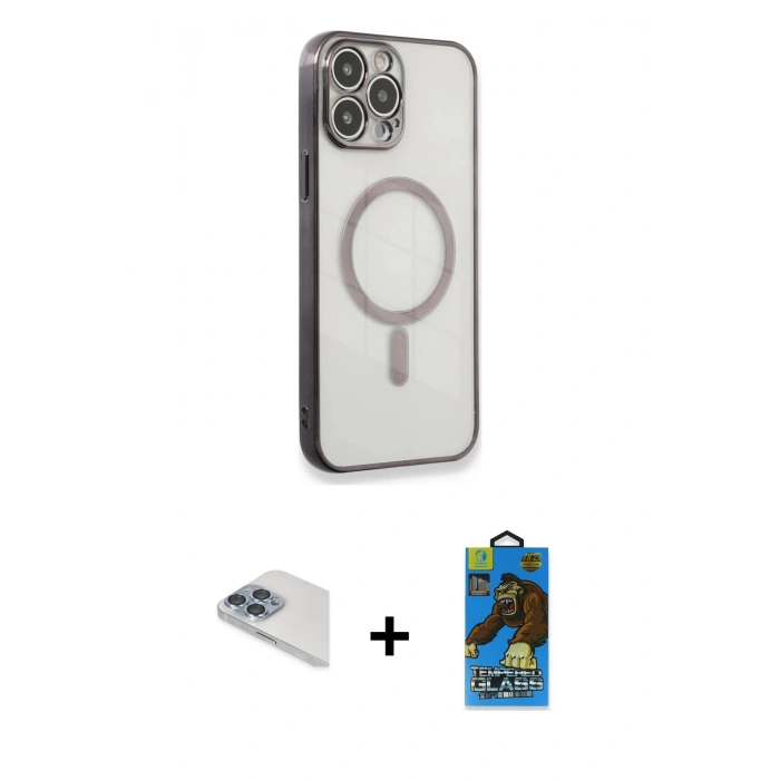 MARSİLYAN™- iPhone 13 Pro Max Kılıf Doruk Minimal - Siyah 18D Cam Ekran Koruyucu + Pers Alüminyum Kamera Lens - SABE