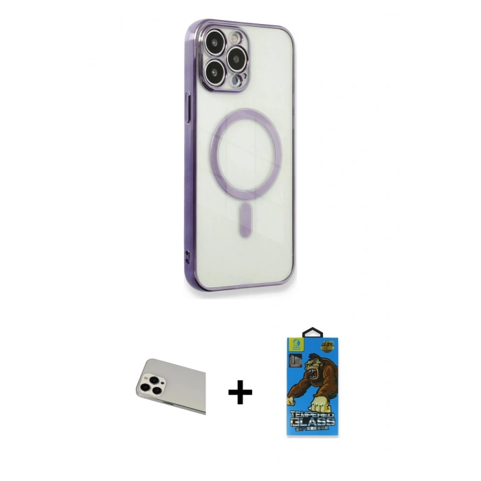MARSİLYAN™- iPhone 13 Pro Max Kılıf Doruk Minimal - Siyah 18D Cam Ekran Koruyucu + Rainbow Kamera Lens Koruma Cam - BZ