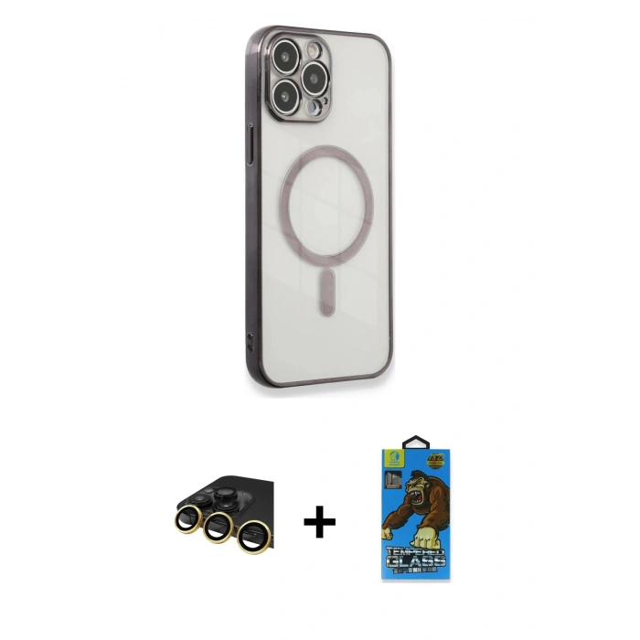 MARSİLYAN™- iPhone 13 Pro Max Kılıf Doruk Minimal - Siyah 18D Cam Ekran Koruyucu + Raze Metal Kamera Lens - GD