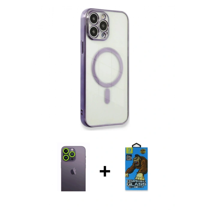 MARSİLYAN™- iPhone 13 Pro Max Kılıf Doruk Minimal - Siyah 18D Cam Ekran Koruyucu + Neon Fosforlu Kamera Lens - YL