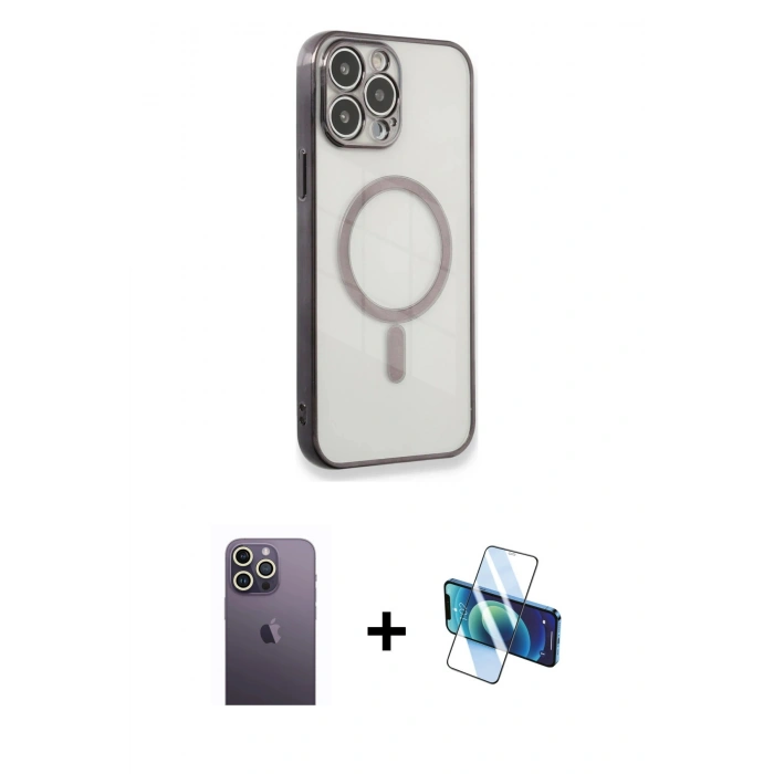 MARSİLYAN™- iPhone 13 Pro Max Kılıf Doruk Minimal - Siyah 3D Antistatik Cam Ekran Koruyucu + Neon Fosforlu Kamera Lens - BZ