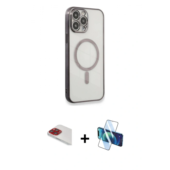 MARSİLYAN™- iPhone 13 Pro Max Kılıf Doruk Minimal - Siyah 3D Antistatik Cam Ekran Koruyucu + Pers Alüminyum Kamera Lens - KI
