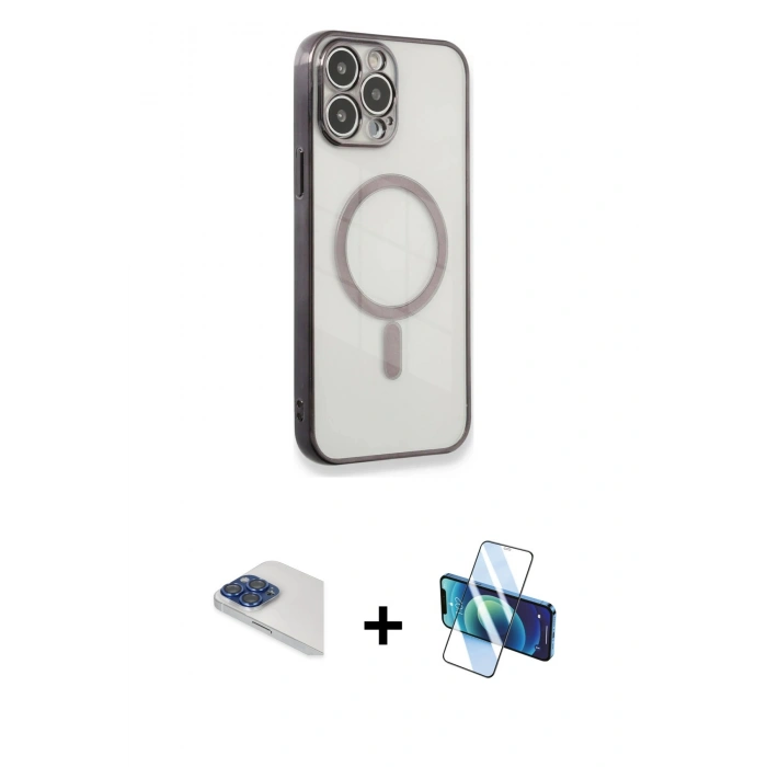 MARSİLYAN™- iPhone 13 Pro Max Kılıf Doruk Minimal - Siyah 3D Antistatik Cam Ekran Koruyucu + Pers Alüminyum Kamera Lens - LT