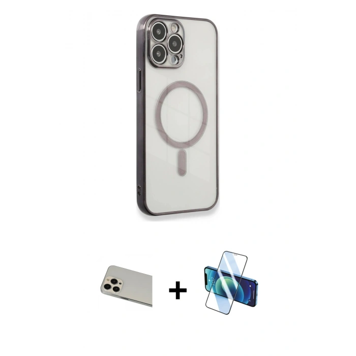 MARSİLYAN™- iPhone 13 Pro Max Kılıf Doruk Minimal - Siyah 3D Antistatik Cam Ekran Koruyucu + Rainbow Kamera Lens Koruma Cam - REGD