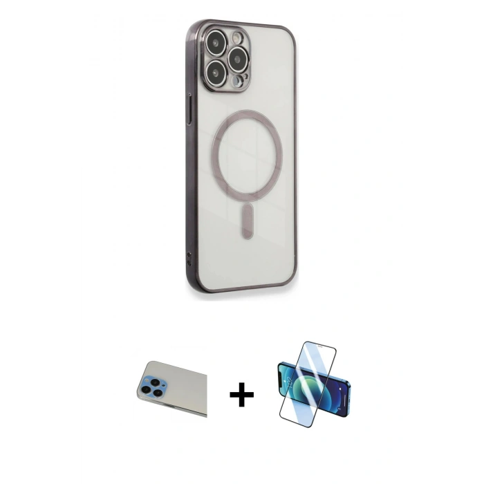 MARSİLYAN™- iPhone 13 Pro Max Kılıf Doruk Minimal - Siyah 3D Antistatik Cam Ekran Koruyucu + Rainbow Kamera Lens Koruma Cam - MI