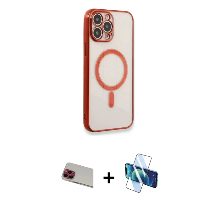 MARSİLYAN™- iPhone 13 Pro Max Kılıf Doruk Minimal - Siyah 3D Antistatik Cam Ekran Koruyucu + Rainbow Kamera Lens Koruma Cam - KI