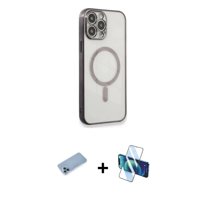 MARSİLYAN™- iPhone 13 Pro Max Kılıf Doruk Minimal - Siyah 3D Antistatik Cam Ekran Koruyucu + Shine Kamera Lens Koruma Cam - MI