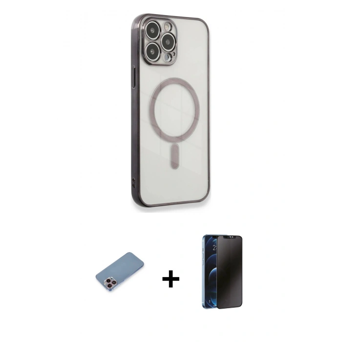 MARSİLYAN™- iPhone 13 Pro Max Kılıf Doruk Minimal - Siyah 3D Antistatik Hayalet Cam Ekran Koruyucu + Shine Kamera Lens Koruma Cam - PE