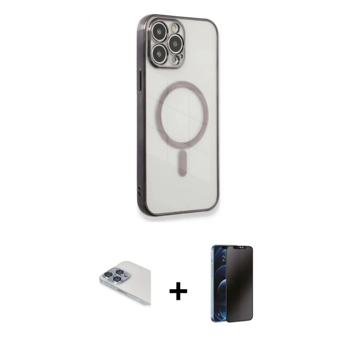 MARSİLYAN™- iPhone 13 Pro Max Kılıf Doruk Minimal - Siyah 3D Antistatik Hayalet Cam Ekran Koruyucu + Pers Alüminyum Kamera Lens - SABE