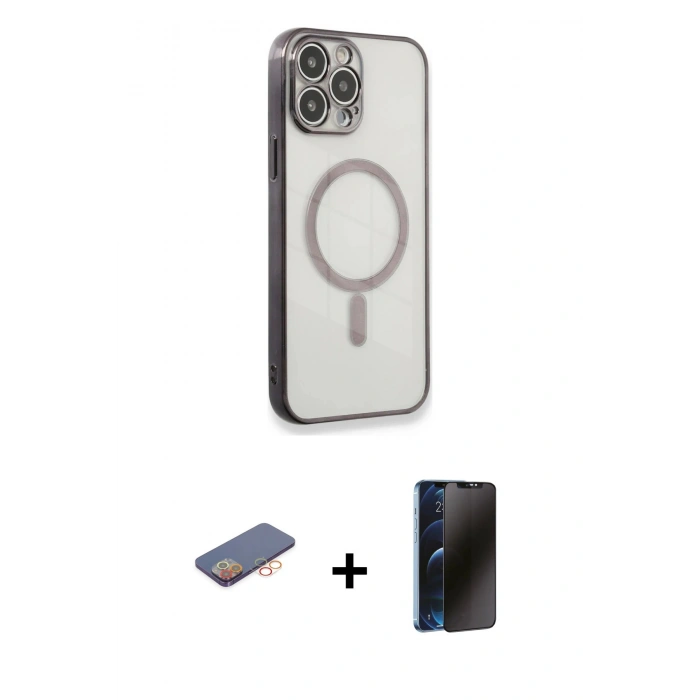 MARSİLYAN™- iPhone 13 Pro Max Kılıf Doruk Minimal - Siyah 3D Antistatik Hayalet Cam Ekran Koruyucu + Renkli Kamera Lens Koruma Cam - TU