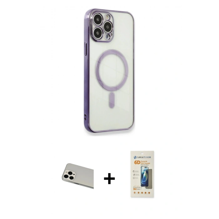 MARSİLYAN™- iPhone 13 Pro Max Kılıf Doruk Minimal - Siyah 6D Mat Seramik Hayalet Nano Ekran Koruyucu + Rainbow Kamera Lens Koruma Cam - BZ