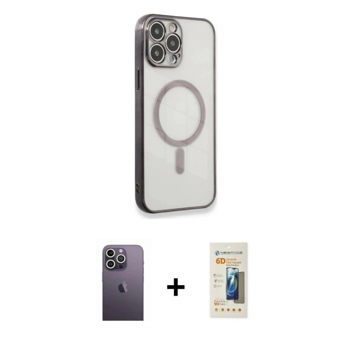 MARSİLYAN™- iPhone 13 Pro Max Kılıf Doruk Minimal - Siyah 6D Mat Seramik Hayalet Nano Ekran Koruyucu + Neon Fosforlu Kamera Lens - BZ