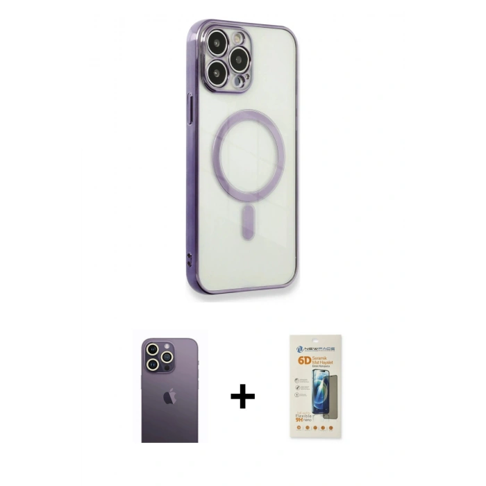 MARSİLYAN™- iPhone 13 Pro Max Kılıf Doruk Minimal - Siyah 6D Mat Seramik Hayalet Nano Ekran Koruyucu + Neon Fosforlu Kamera Lens - BZ