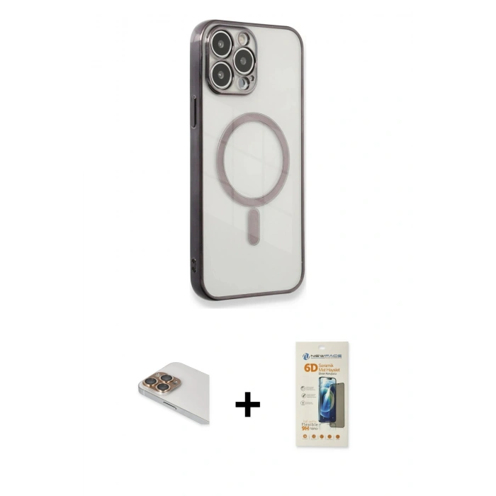 MARSİLYAN™- iPhone 13 Pro Max Kılıf Doruk Minimal - Siyah 6D Mat Seramik Hayalet Nano Ekran Koruyucu + Gold Pers Alüminyum Kamera Lens