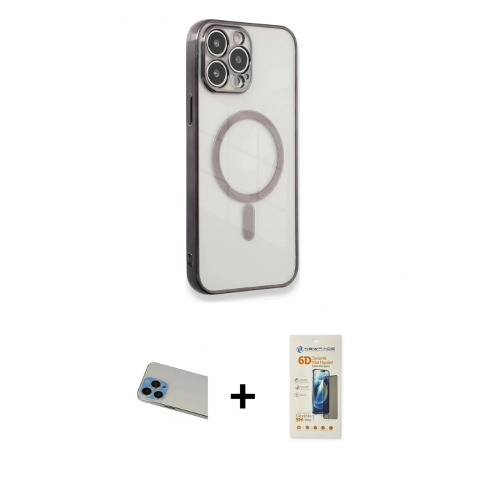 MARSİLYAN™- iPhone 13 Pro Max Kılıf Doruk Minimal - Siyah 6D Mat Seramik Hayalet Nano Ekran Koruyucu + Rainbow Kamera Lens Koruma Cam - MI
