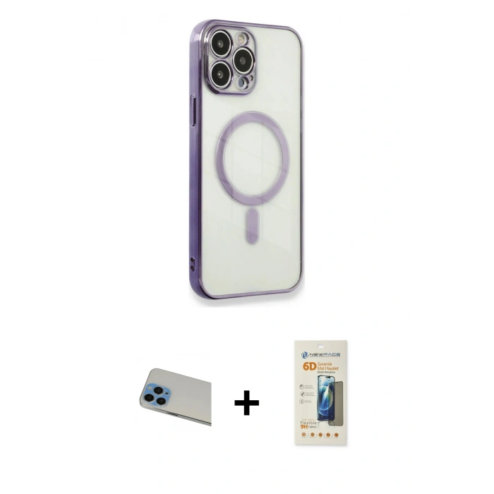 MARSİLYAN™- iPhone 13 Pro Max Kılıf Doruk Minimal - Siyah 6D Mat Seramik Hayalet Nano Ekran Koruyucu + Rainbow Kamera Lens Koruma Cam - MI