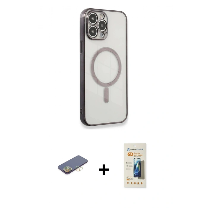 MARSİLYAN™- iPhone 13 Pro Max Kılıf Doruk Minimal - Siyah 6D Mat Seramik Hayalet Nano Ekran Koruyucu + Renkli Kamera Lens Koruma Cam - SI