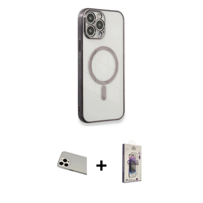 MARSİLYAN™- iPhone 13 Pro Max Kılıf Doruk Minimal - Siyah Bilvis 3D Cam Ekran Koruyucu + Rainbow Kamera Lens Koruma Cam - BZ