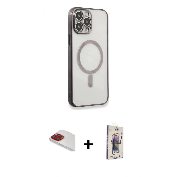 MARSİLYAN™- iPhone 13 Pro Max Kılıf Doruk Minimal - Siyah Bilvis 3D Cam Ekran Koruyucu + Pers Alüminyum Kamera Lens - KI