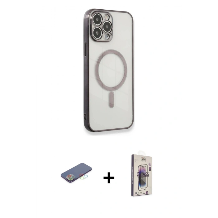 MARSİLYAN™- iPhone 13 Pro Max Kılıf Doruk Minimal - Siyah Bilvis 3D Cam Ekran Koruyucu + Renkli Kamera Lens Koruma Cam - MI